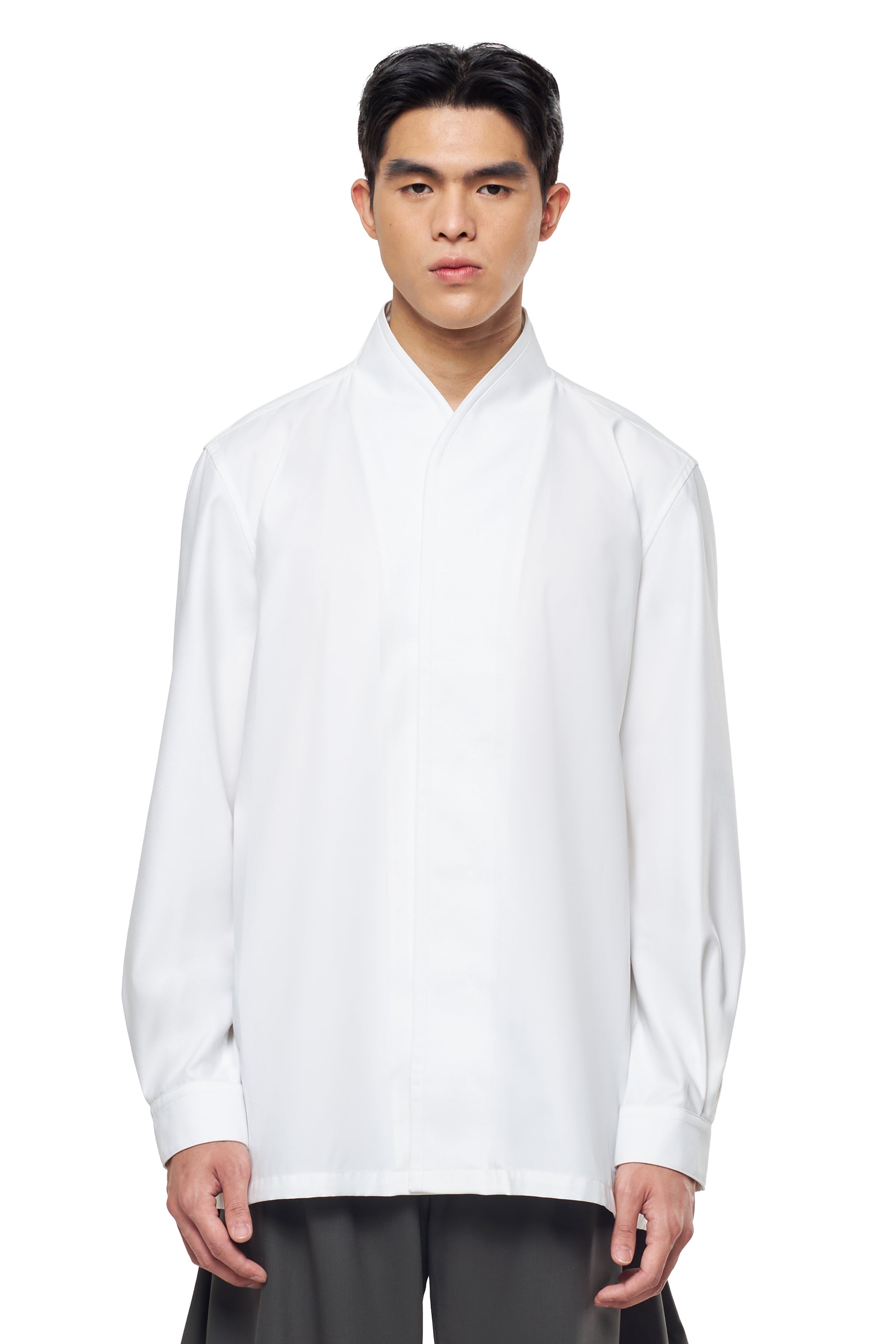 WHITE COLLARLESS DOUBLE PLACKET LONG SLLEEVES SHIRT