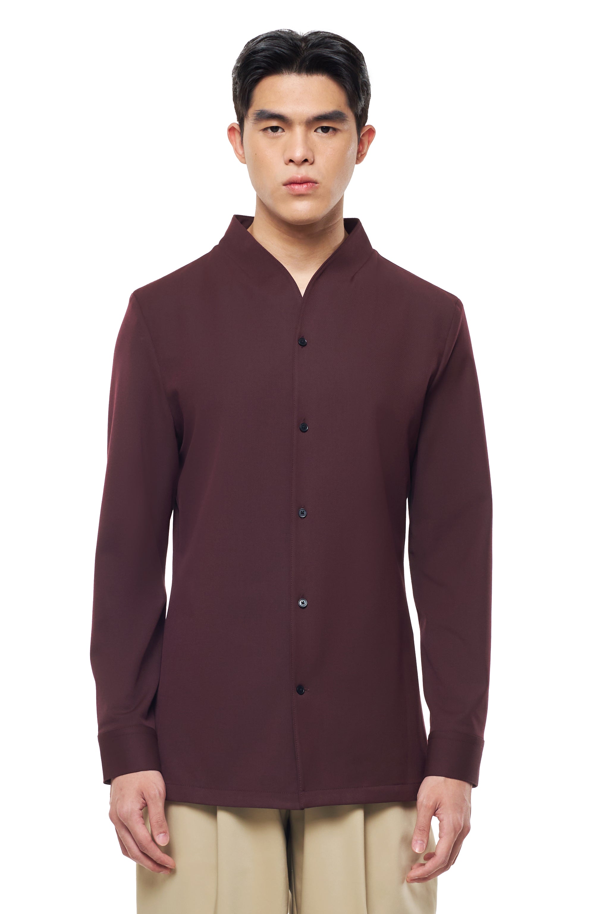 BURGUNDY COLLARLESS LONG-SLEEVE SHIRT WITH VISIBLE BUTTONS – SLIM FIT