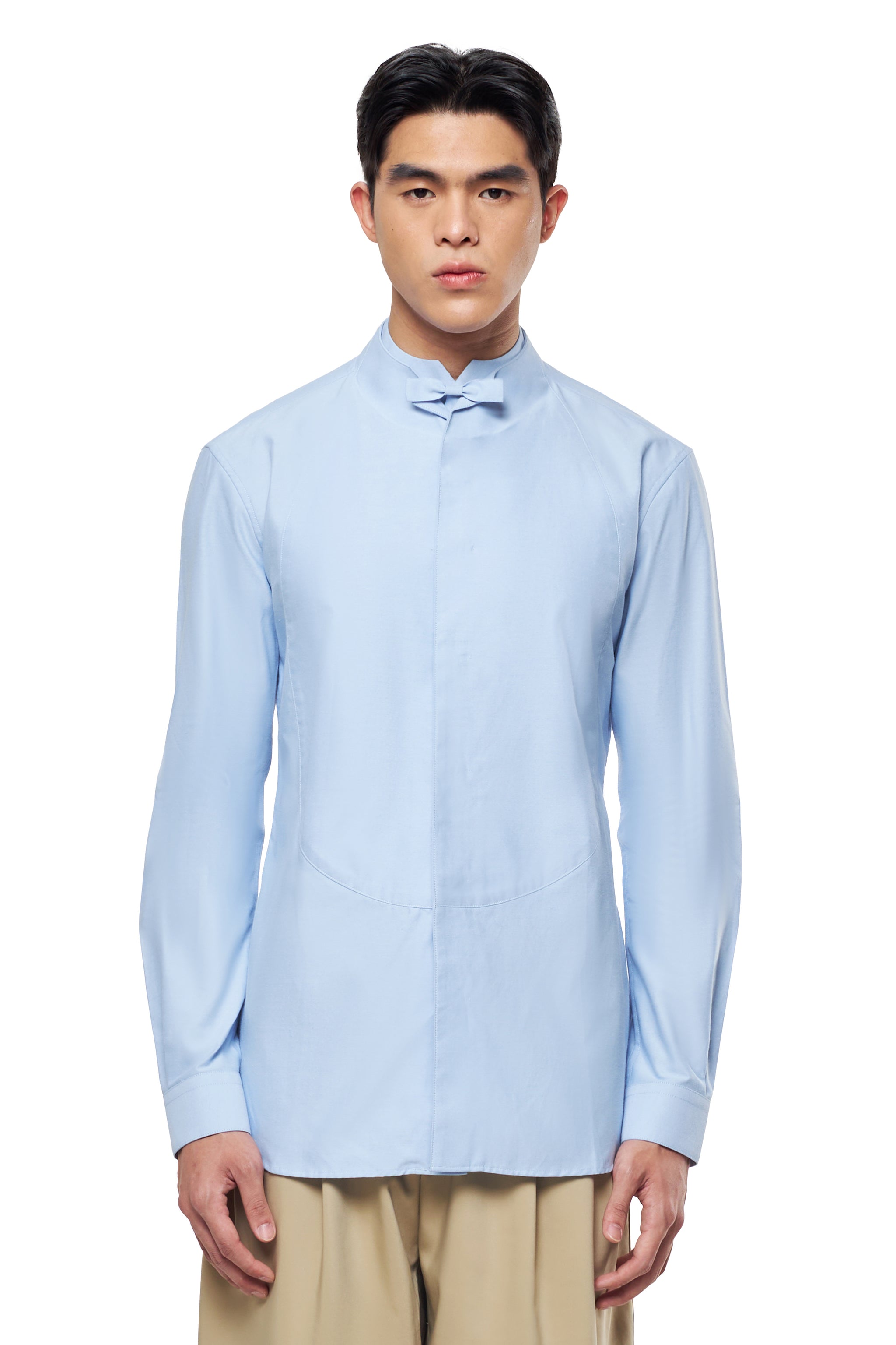BABY BLUE OXFORD COLLARLESS WING COLLAR WITH DETACHABLE BOW COLLAR LONG SLEEVES SHIRT