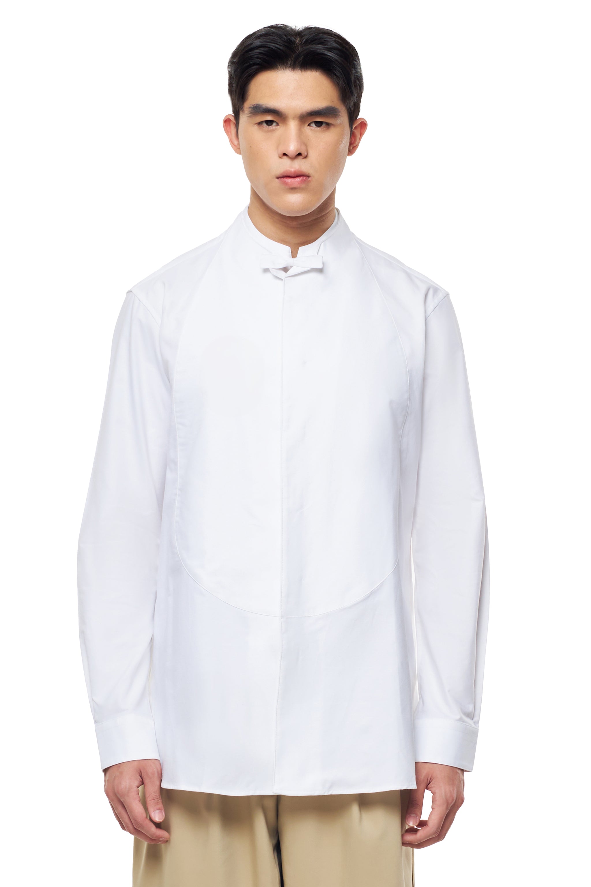 WHITE COLLARLESS WING COLLAR WITH DETACHABLE BOW COLLAR LONG SLEEVES SHIRT