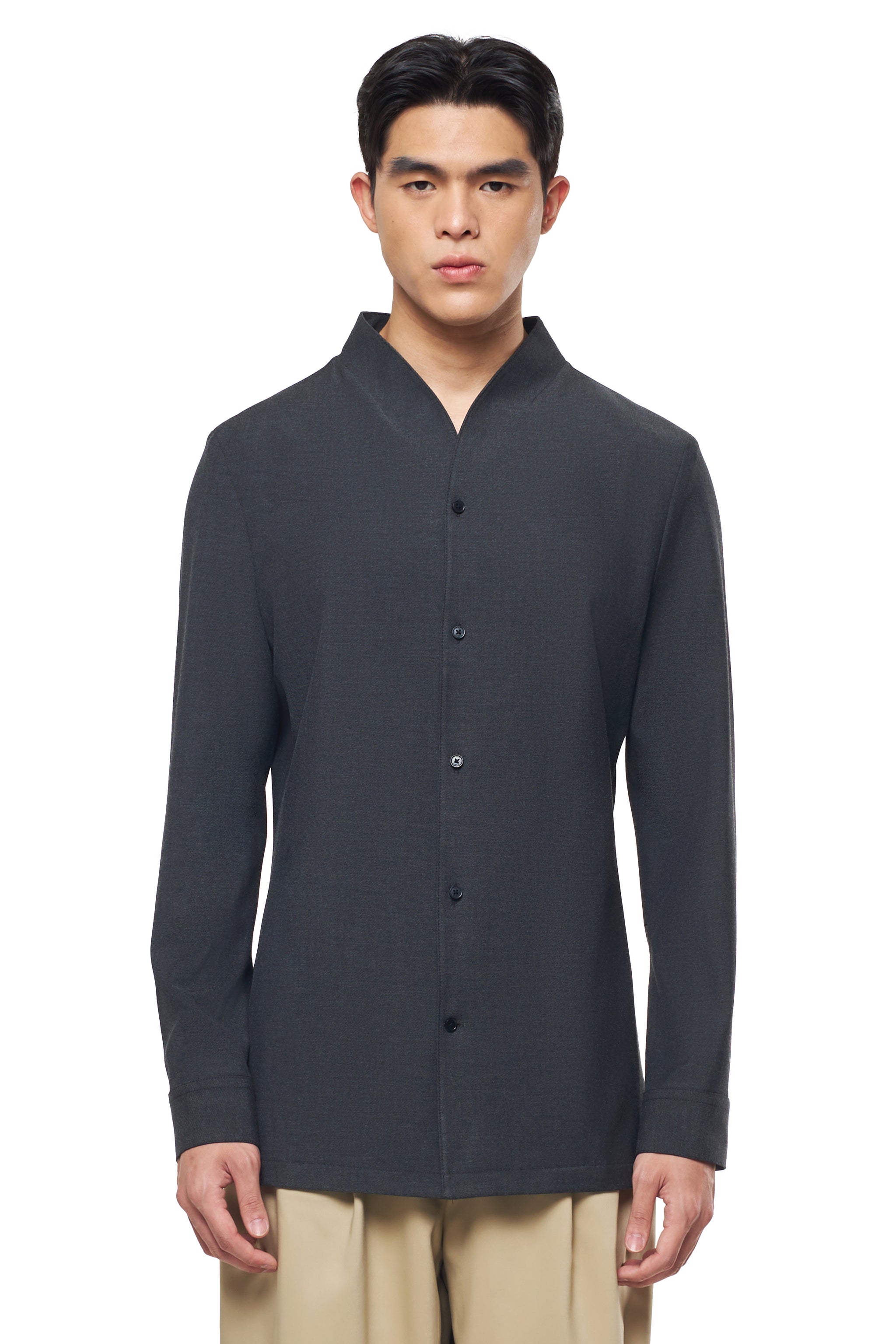 CHARCOAL COLLARLESS LONG-SLEEVE SHIRT WITH VISIBLE BUTTONS – SLIM FIT