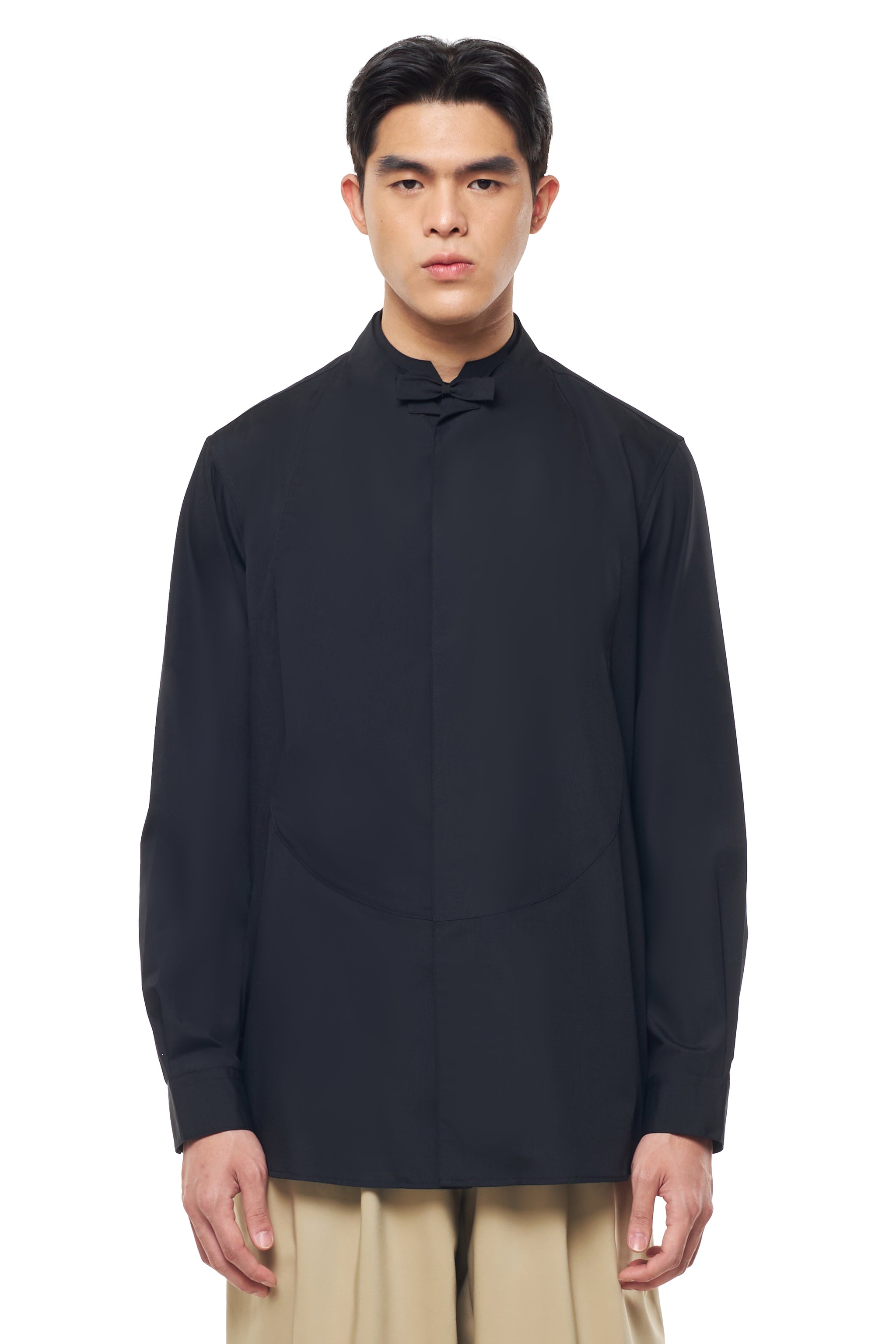 BLACK COLLARLESS WING COLLAR WITH DETACHABLE BOW COLLAR LONG SLEEVES SHIRT
