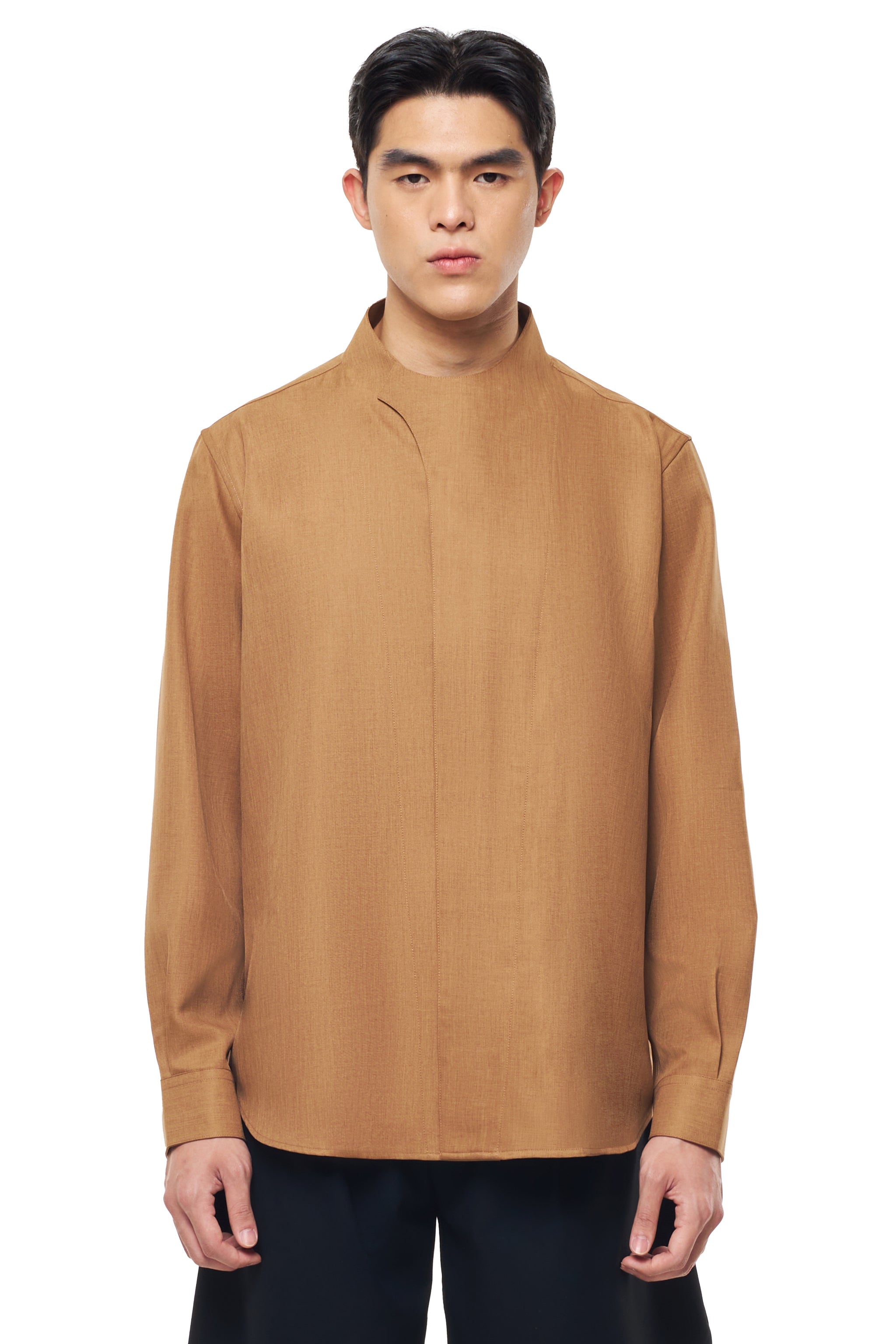 BROWN COLLARLESS OVERLAP LONG SLEEVES SHIRT