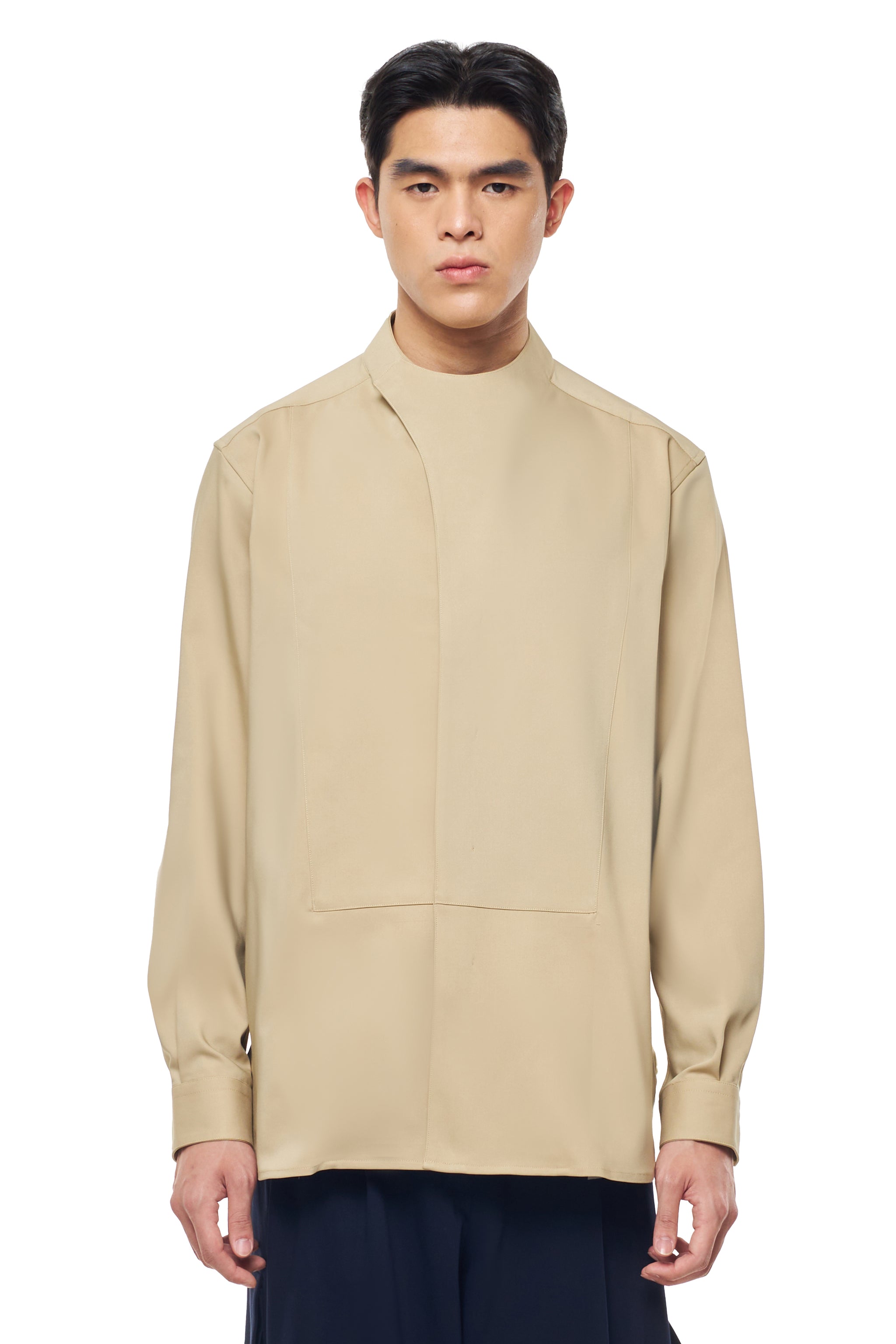BEIGE COLLARLESS OVERLAP WITH BIBS LONG SLEEVES SHIRT