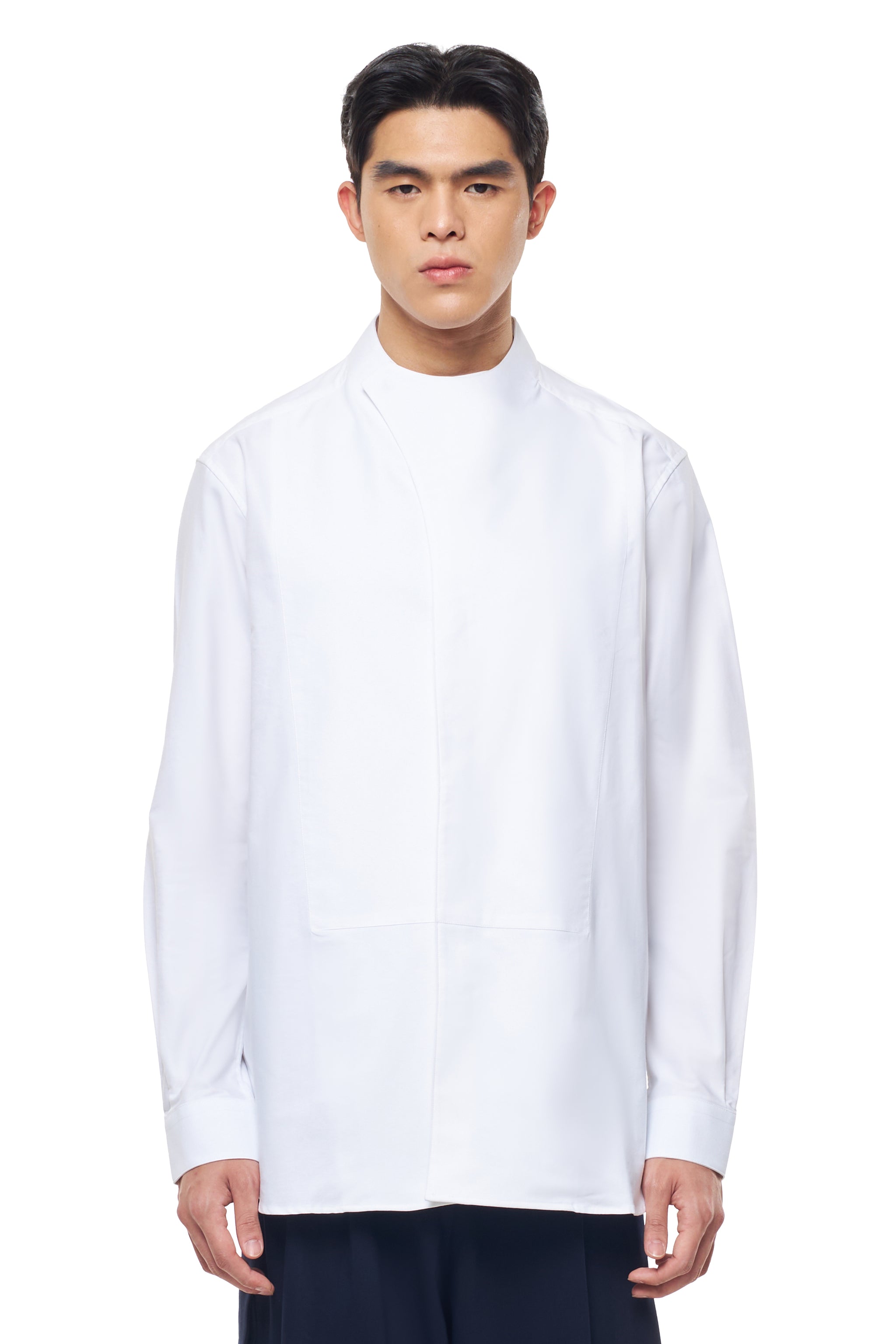 WHITE COLLARLESS OVERLAP WITH BIBS LONG SLEEVES SHIRT