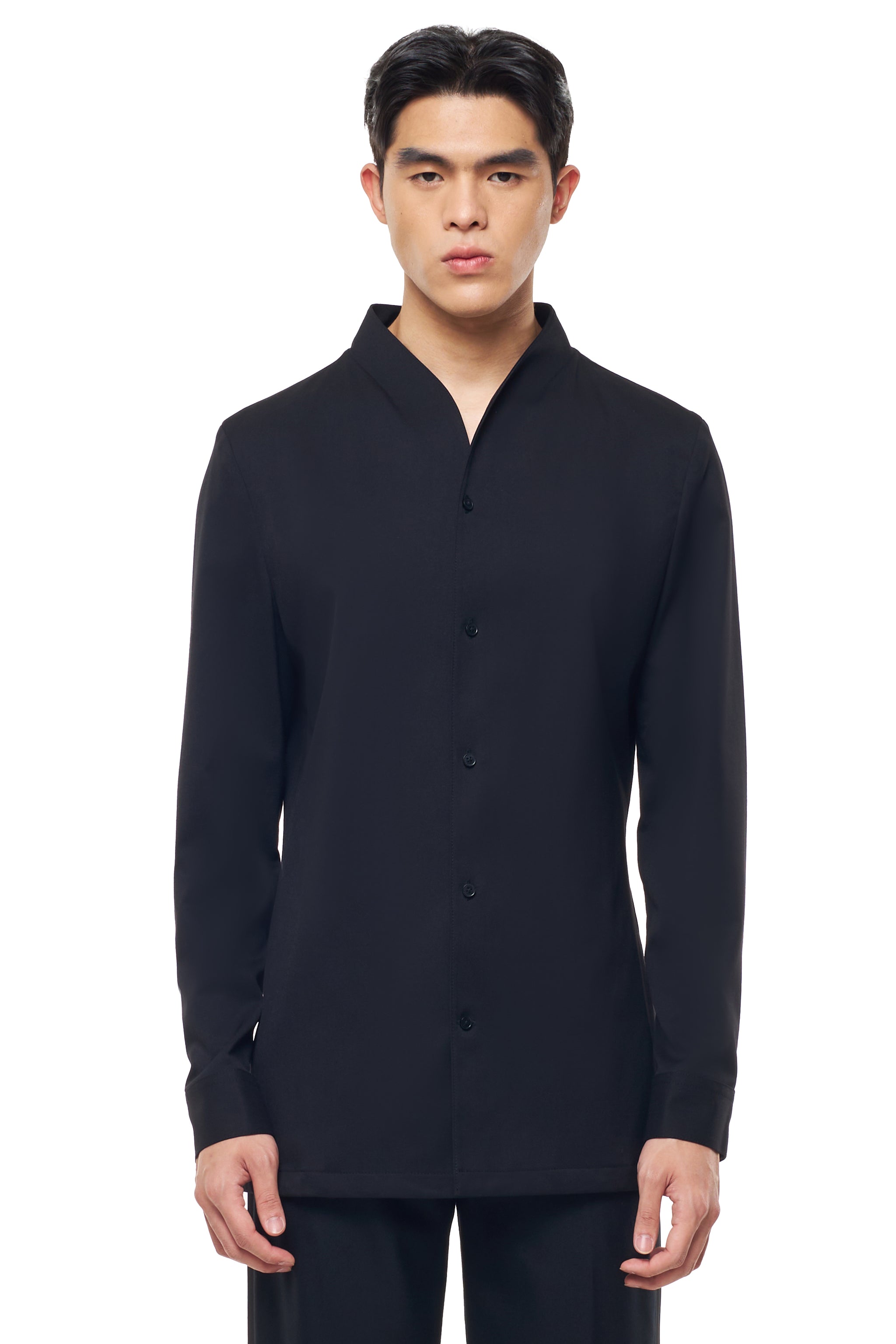 BLACK COLLARLESS LONG-SLEEVE SHIRT WITH VISIBLE BUTTONS – SLIM FIT
