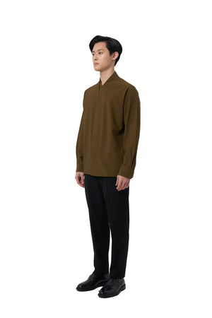 OLIVE LOOSE DOUBLE COLLARLESS LONG SLEEVES SHIRT