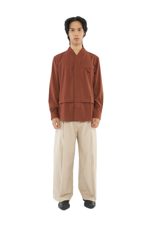 TERRACOTTA COLLARLESS SHIRT WITH PLEATS AND POCKET