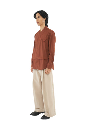 TERRACOTTA COLLARLESS SHIRT WITH PLEATS AND POCKET