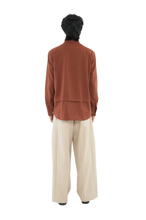 TERRACOTTA COLLARLESS SHIRT WITH PLEATS AND POCKET