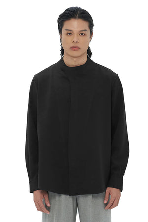 BLACK OVERLAP COLLARLESS LONG SLEEVES SHIRT