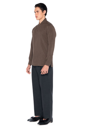 DARK BROWN COLLARLESS PART 5 WITH DOUBLE PLACKET BUTTON LONG SLEEVES SHIRT