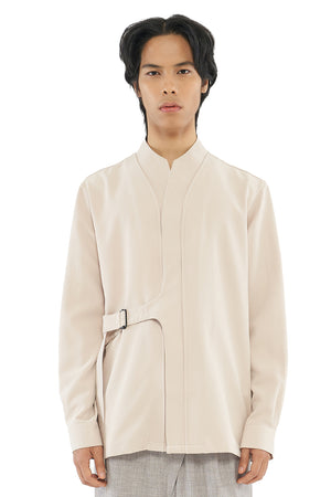 CREAM COLLARLESS SHIRT WITH SIDE BELT
