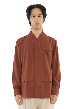 TERRACOTTA COLLARLESS SHIRT WITH PLEATS AND POCKET