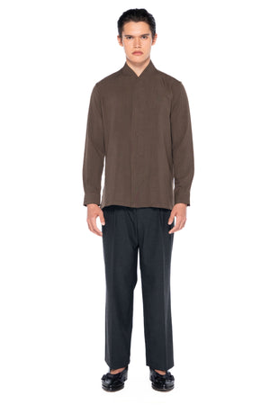 DARK BROWN COLLARLESS PART 5 WITH DOUBLE PLACKET BUTTON LONG SLEEVES SHIRT