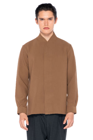 BROWN COLLARLESS PART 5 WITH DOUBLE PLACKET BUTTON LONG SLEEVES SHIRT