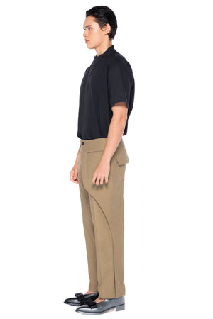 KHAKI ONE SIDED LAYERED PANTS WITH PATCH POCKET DETAIL