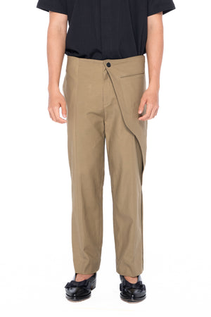 KHAKI ONE SIDED LAYERED PANTS WITH PATCH POCKET DETAIL