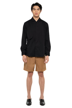 BLACK COLLARLESS SHIRT WITH CURVED LAYERD