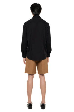 BLACK COLLARLESS SHIRT WITH CURVED LAYERD