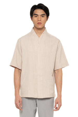BEIGE DOUBLE LOOSE COLLARLESS PART 5 SHORT SLEEVES SHIRT