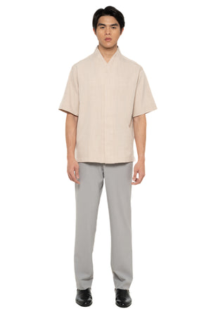 BEIGE DOUBLE LOOSE COLLARLESS PART 5 SHORT SLEEVES SHIRT