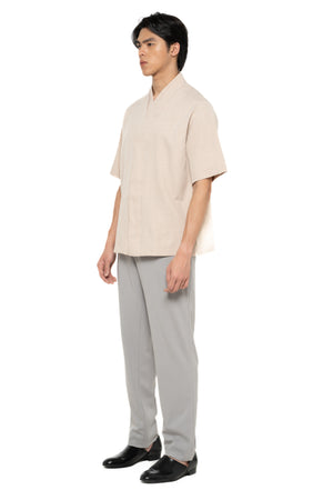 BEIGE DOUBLE LOOSE COLLARLESS PART 5 SHORT SLEEVES SHIRT