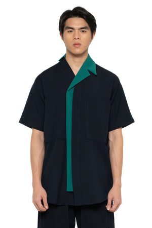 NAVY COLLARLESS OVERSIZED WITH GREEN DETACHABLE CAMP COLLAR SHIRT