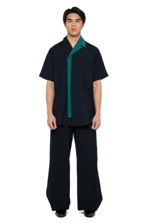 NAVY COLLARLESS OVERSIZED WITH GREEN DETACHABLE CAMP COLLAR SHIRT