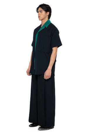 NAVY COLLARLESS OVERSIZED WITH GREEN DETACHABLE CAMP COLLAR SHIRT
