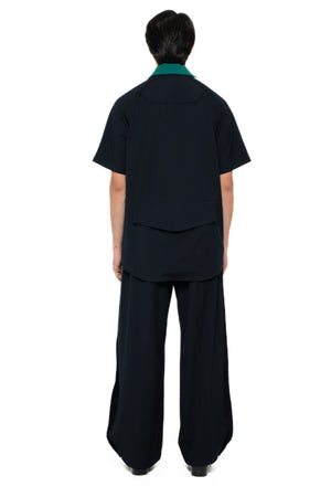 NAVY COLLARLESS OVERSIZED WITH GREEN DETACHABLE CAMP COLLAR SHIRT