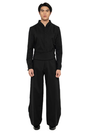 BLACK LOOSE LONG PANTS WITH DETACHABLE PICKED COLLAR BELT