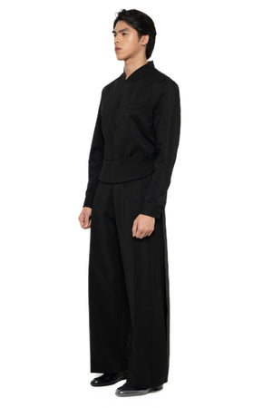 BLACK LOOSE LONG PANTS WITH DETACHABLE PICKED COLLAR BELT