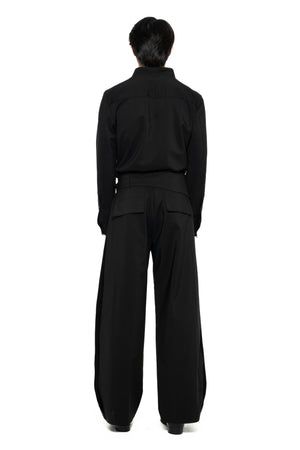 BLACK LOOSE LONG PANTS WITH DETACHABLE PICKED COLLAR BELT