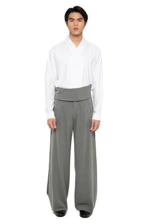 GREY LOOSE LONG PANTS WITH DETACHABLE PICKED COLLAR BELT