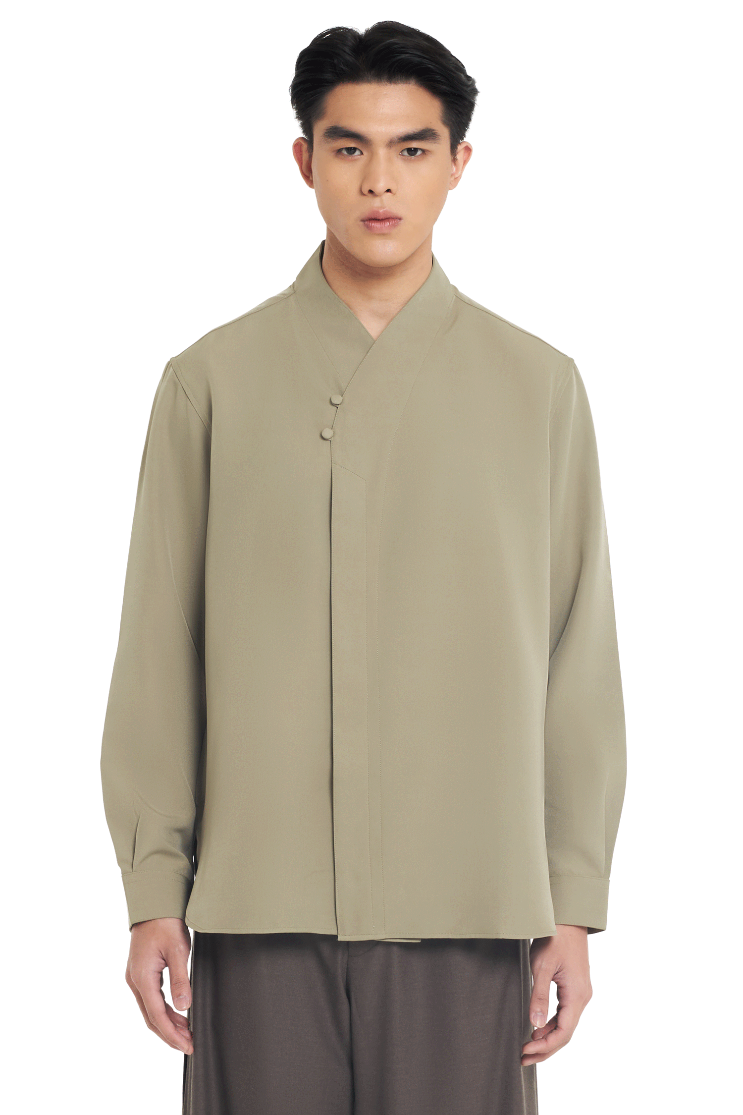 OLIVE COLLARLESS MANDARIN 2 BUTTON LONG SLEEVES SHIRT