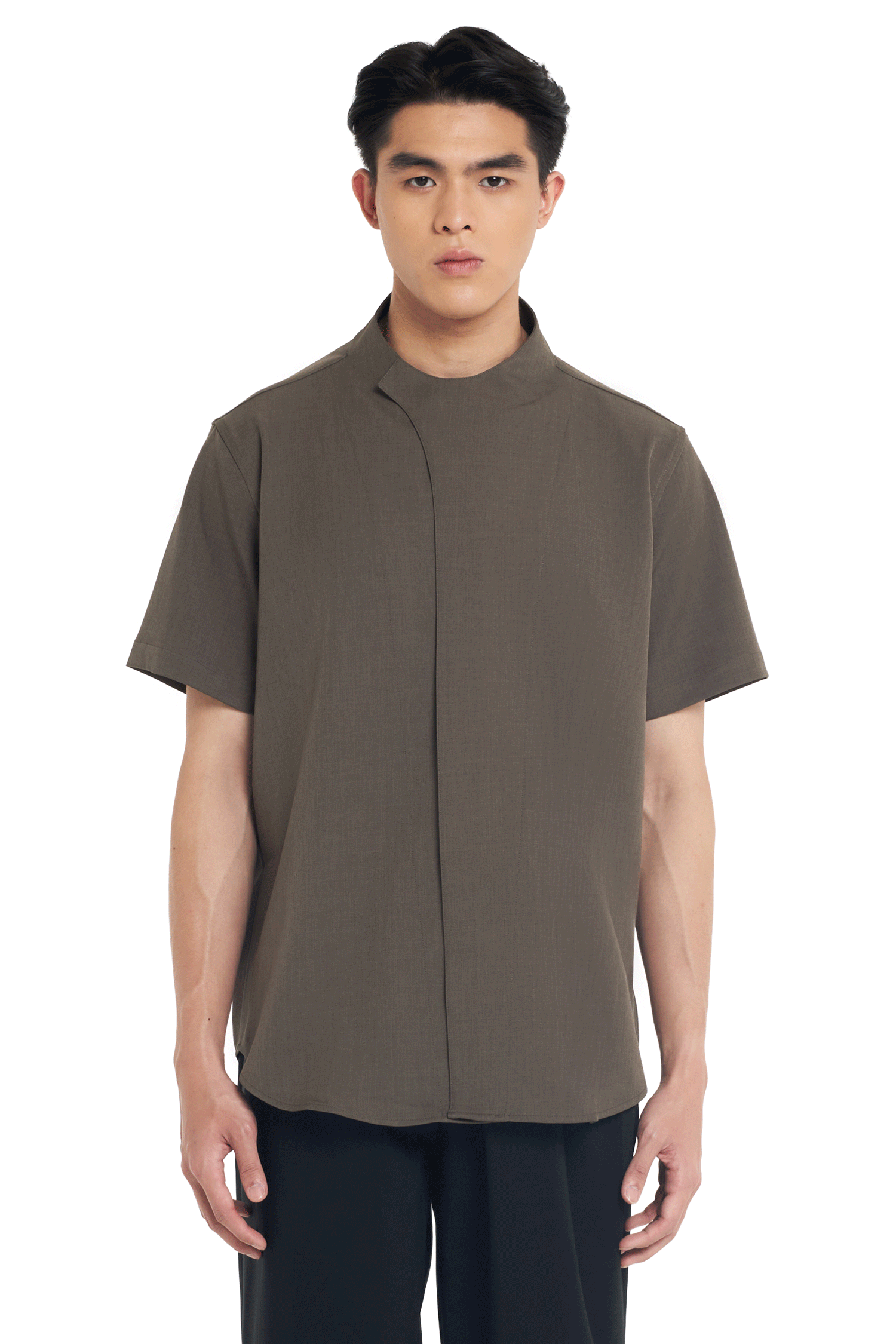BROWN COLLARLESS OVERLAP SHORT SLEEVES SHIRT