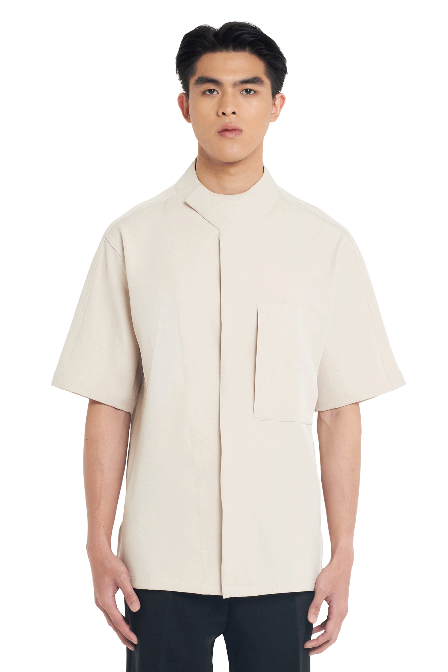 CREAM OVERLAP OVERSIZED SHORT SLEEVE SHIRT