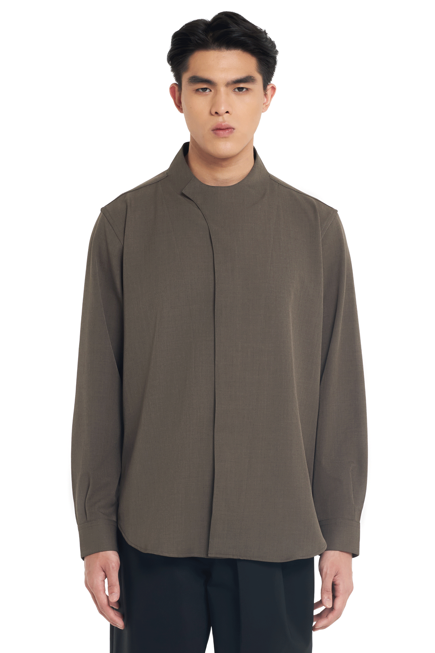 BROWN COLLARLESS OVERLAP LONG SLEEVES SHIRT