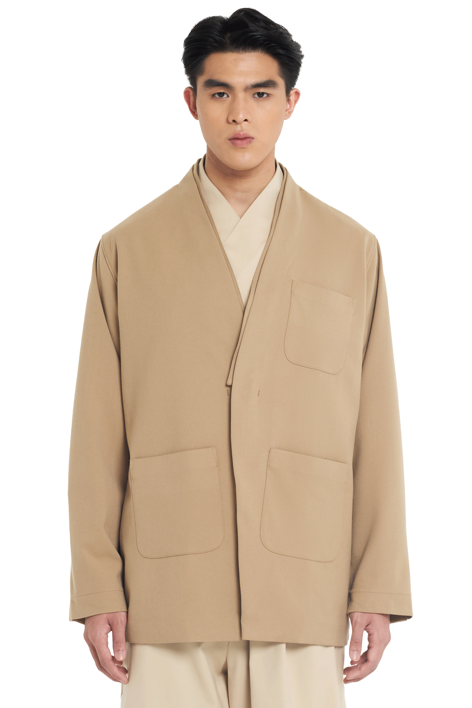 LIGHT BROWN COLLARLESS THREE POCKET OUTER