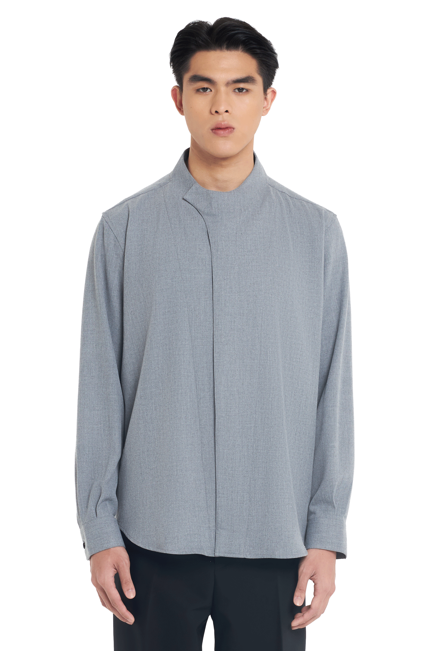 GREY COLLARLESS OVERLAP LONG SLEEVES SHIRT