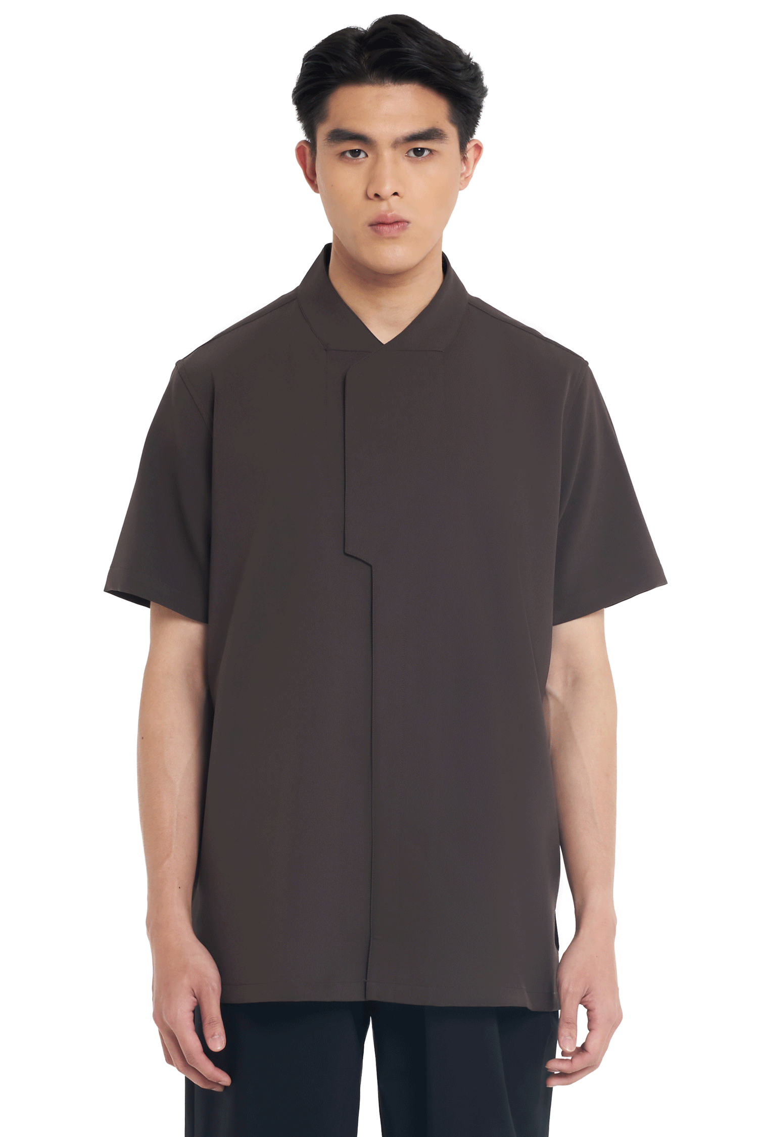 DARK BROWN COLLARLESS PART 6 SHORT SLEEVES SHIRT
