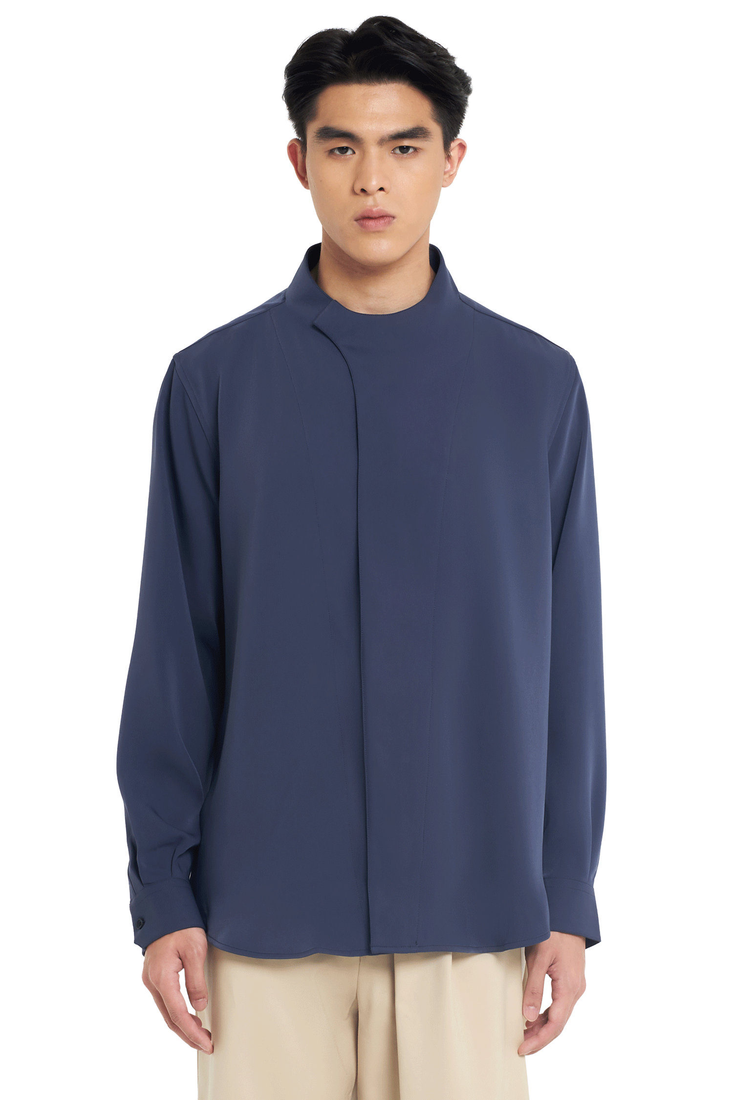 NAVY COLLARLESS OVERLAP LONG SLEEVES SHIRT