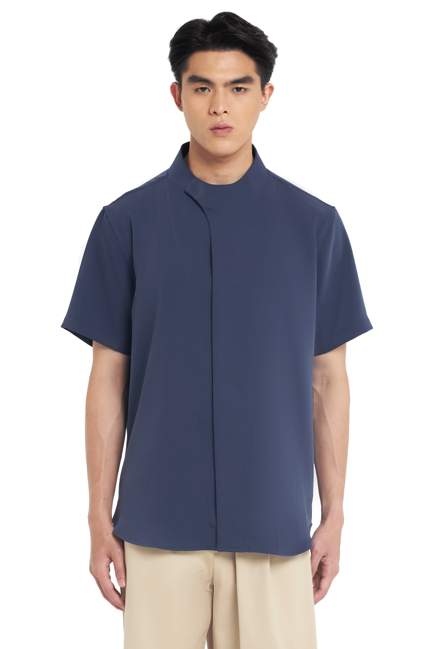 NAVY COLLARLESS OVERLAP SHORT SLEEVES SHIRT