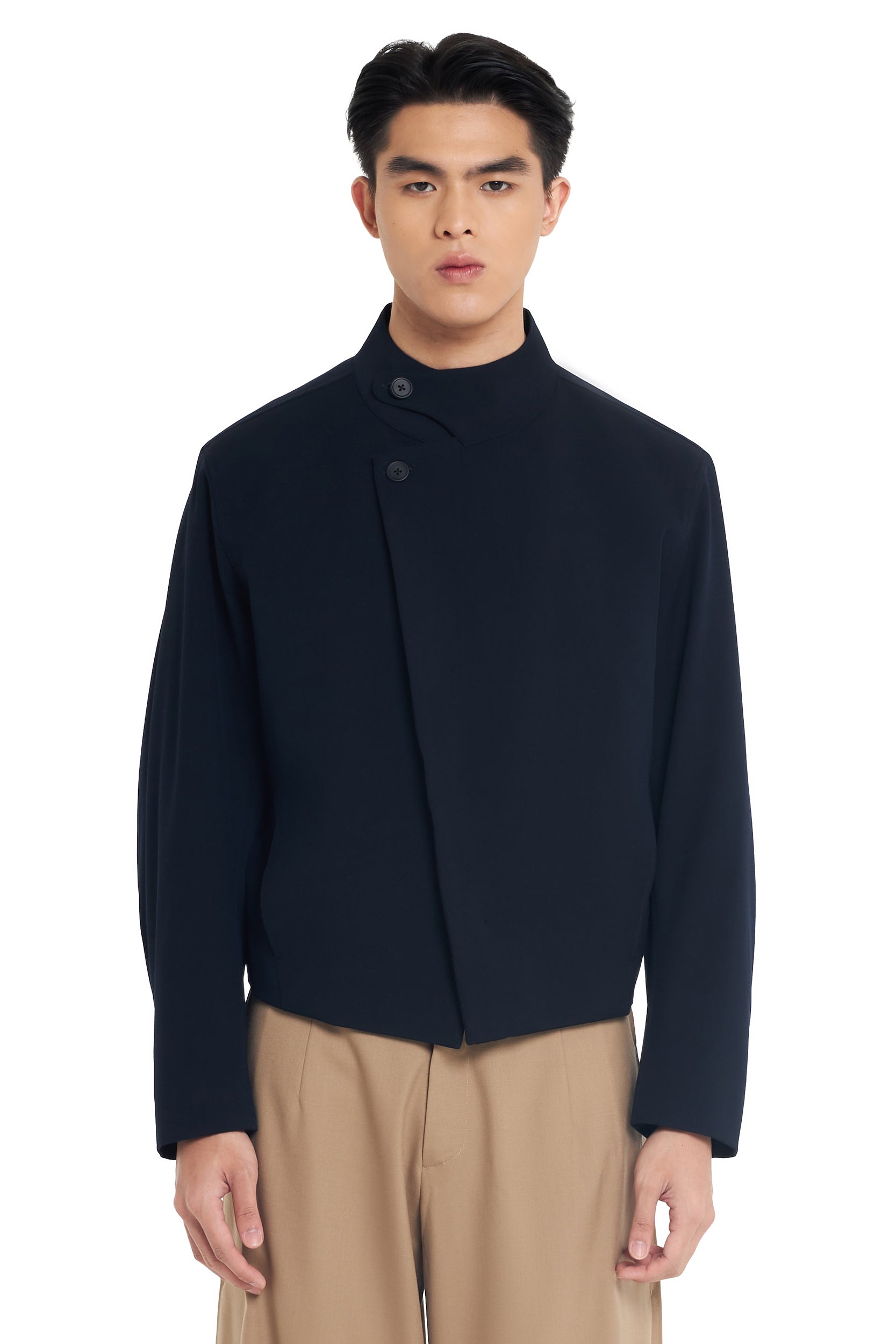 NAVY CROPPED JACKET WITH OVERLAP COLLAR BUTTON