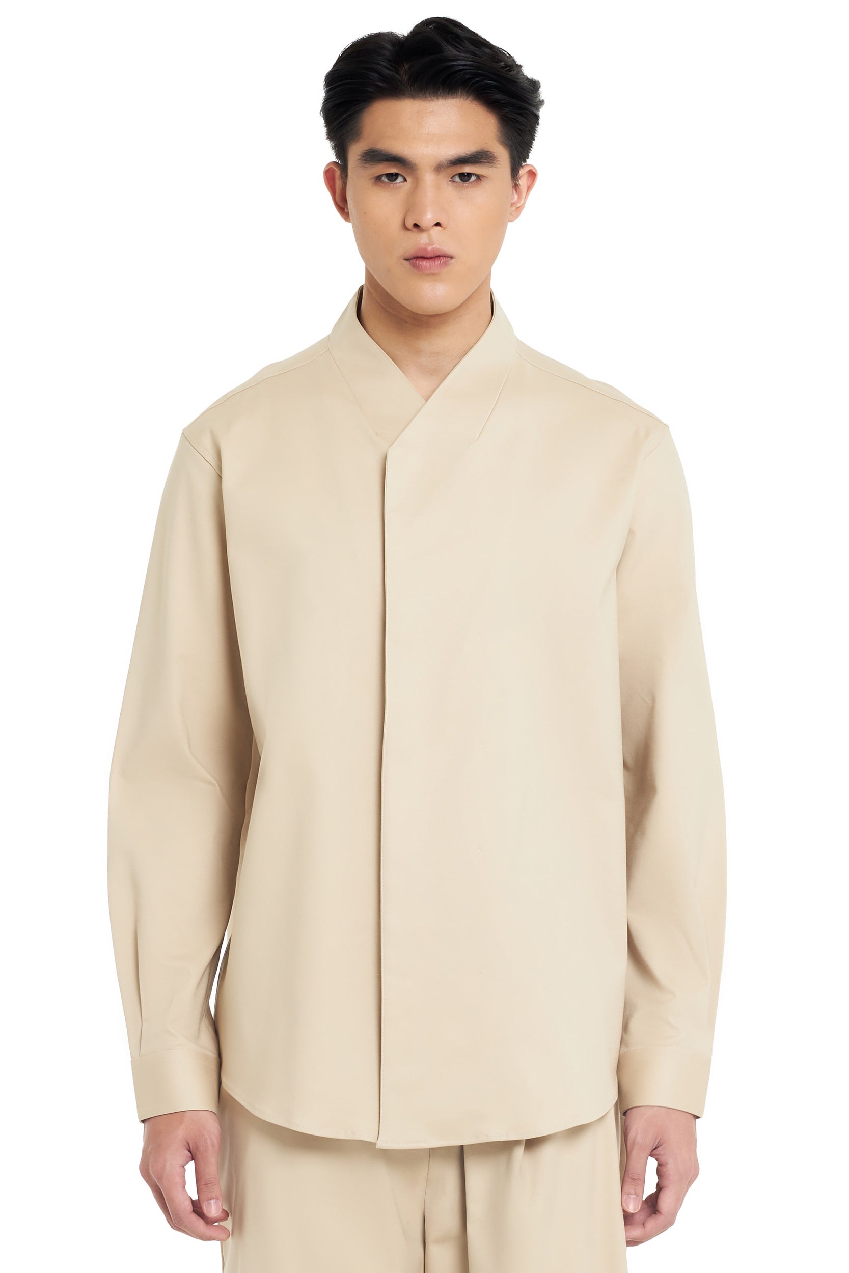 CREAM OVERLAP HIGH COLLARLESS LONG SLEEVES SHIRT