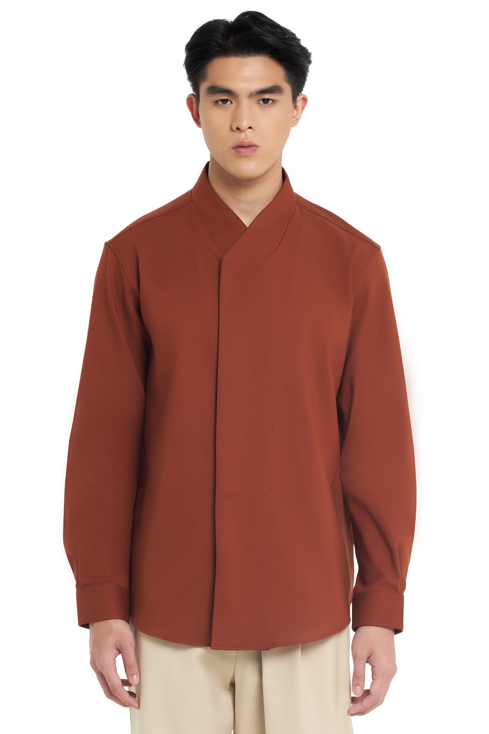 TERACOTTA OVERLAP HIGH COLLARLESS LONG SLEEVES SHIRT