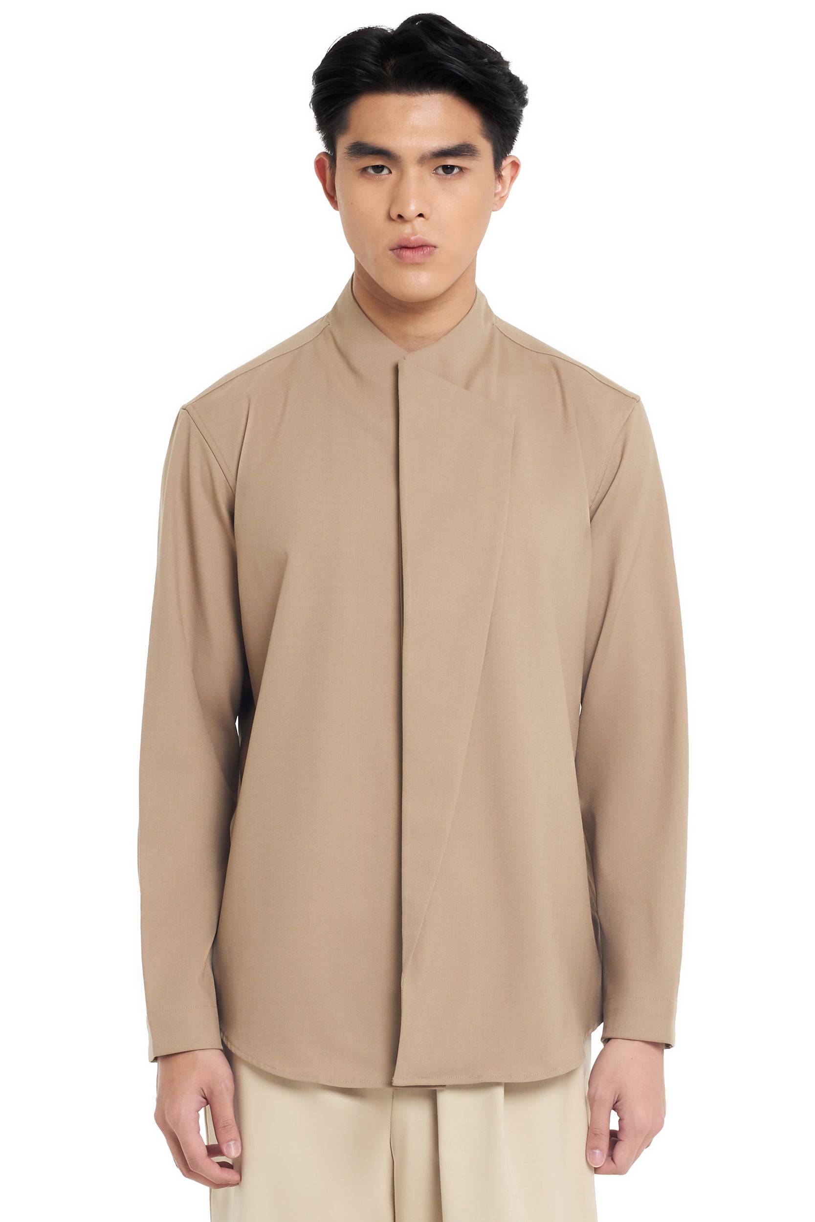 LIGHT BROWN HALF REVERSE LAPEL DETAIL LONG SLEEVES SHIRT