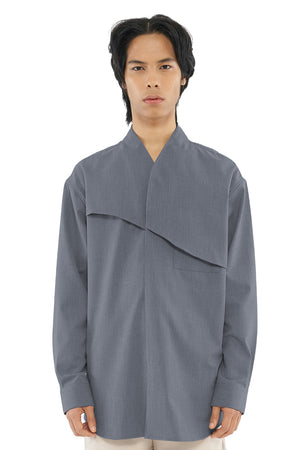 GREY COLLARLESS SHIRT WITH CURVED LAYER
