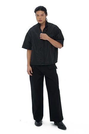 BLACK NYLON SHORT SLEEVES OVERSHIRT WITH ZIPPER